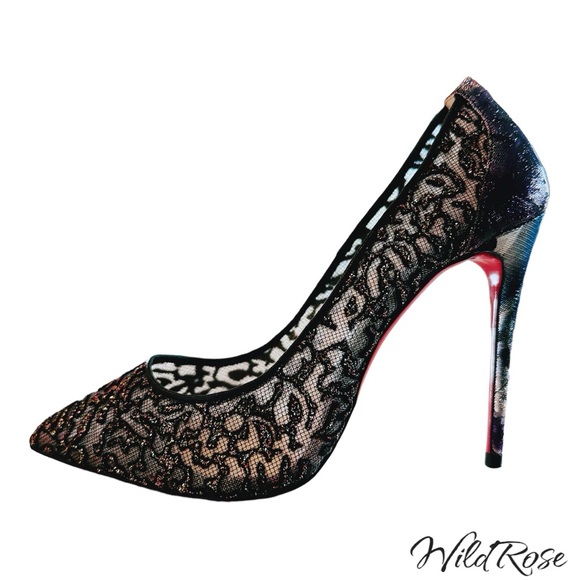 CHRISTIAN LOUBOUTIN BLACK FOLLIES LACE TULLE ROCHE MESH GLITTER POINTY HEELE 37 - Picture 1 of 17